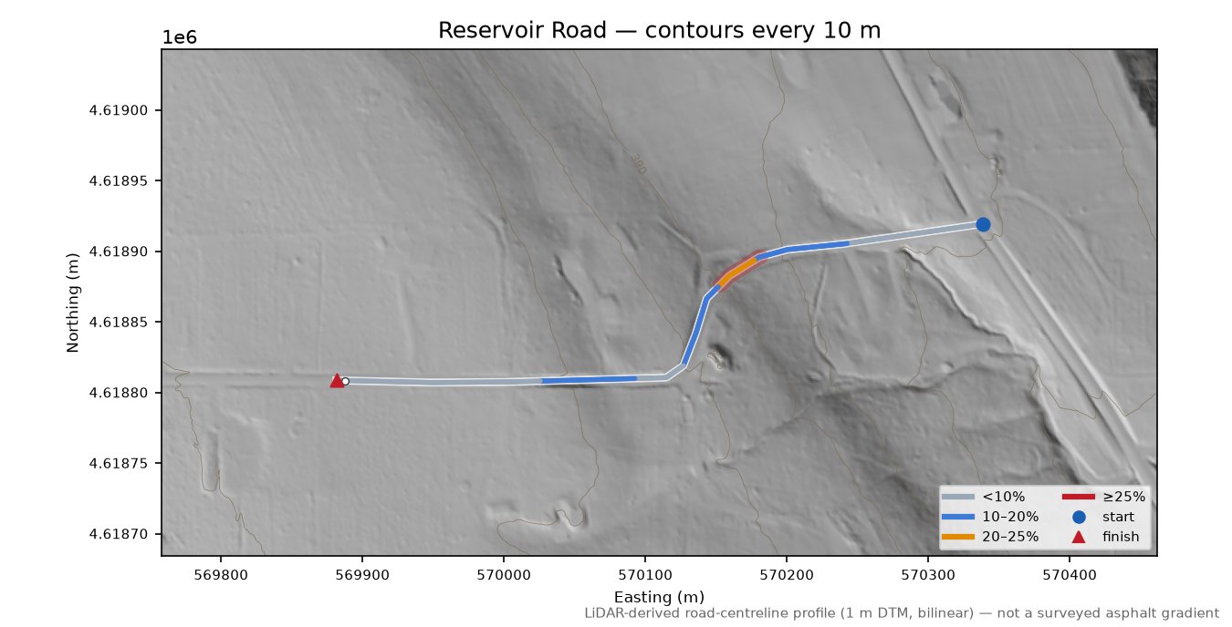 Reservoir Road LiDAR hillshade map with contours