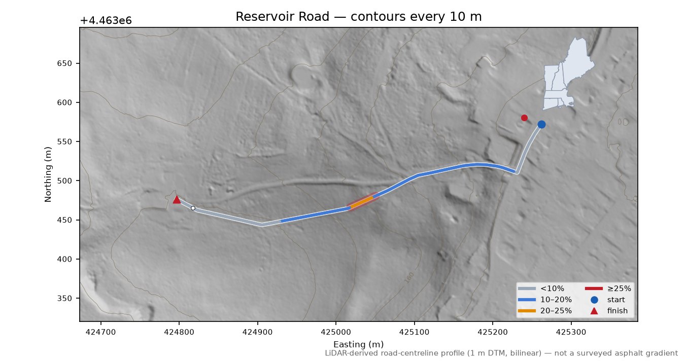 Reservoir Road LiDAR hillshade map with contours