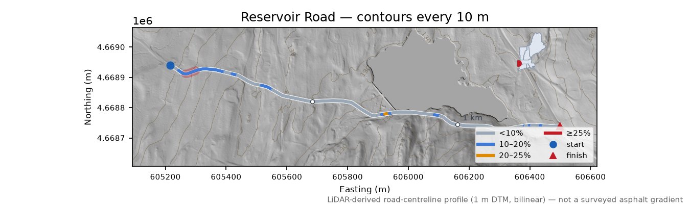 Reservoir Road LiDAR hillshade map with contours