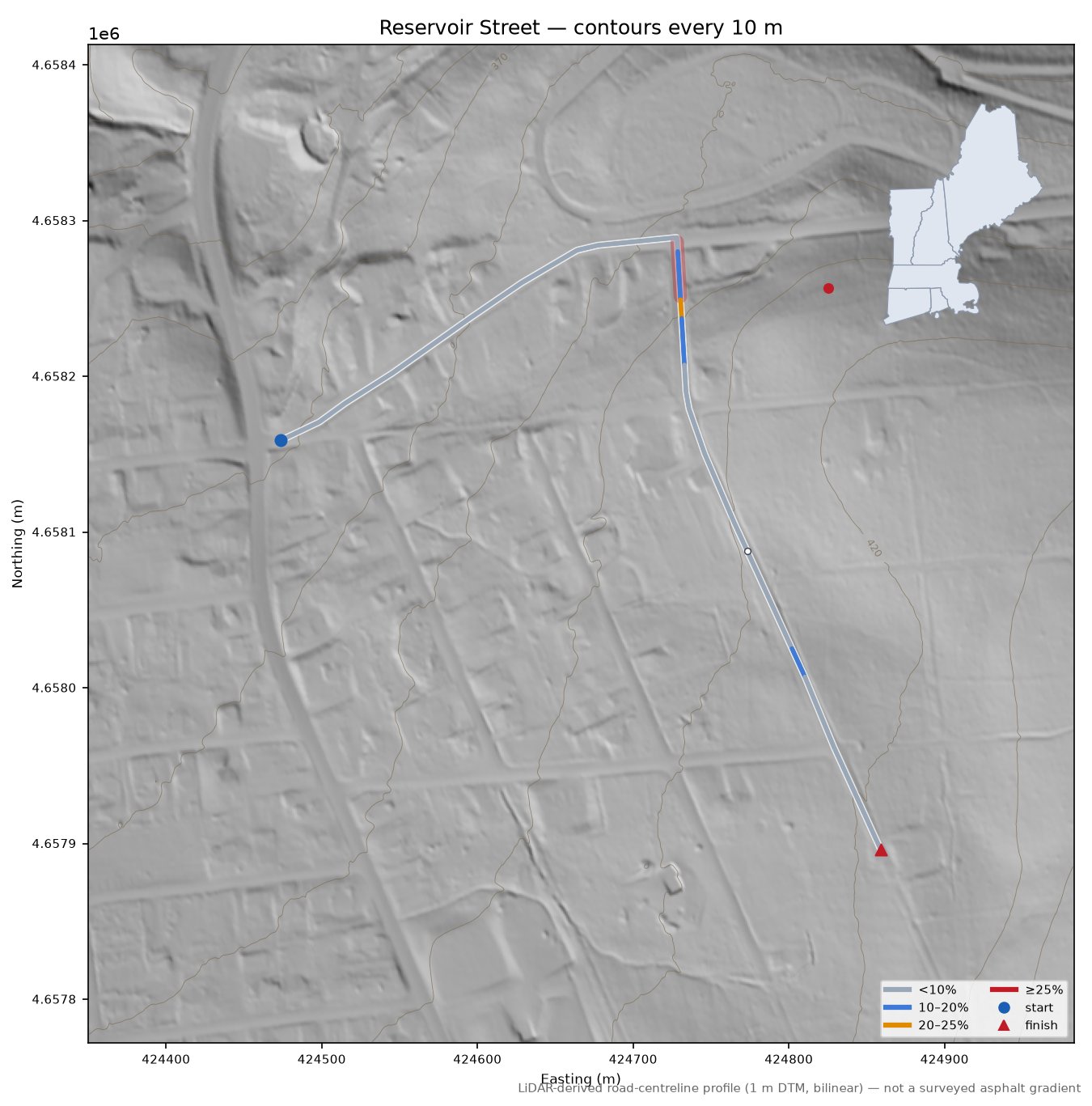 Reservoir Street LiDAR hillshade map with contours