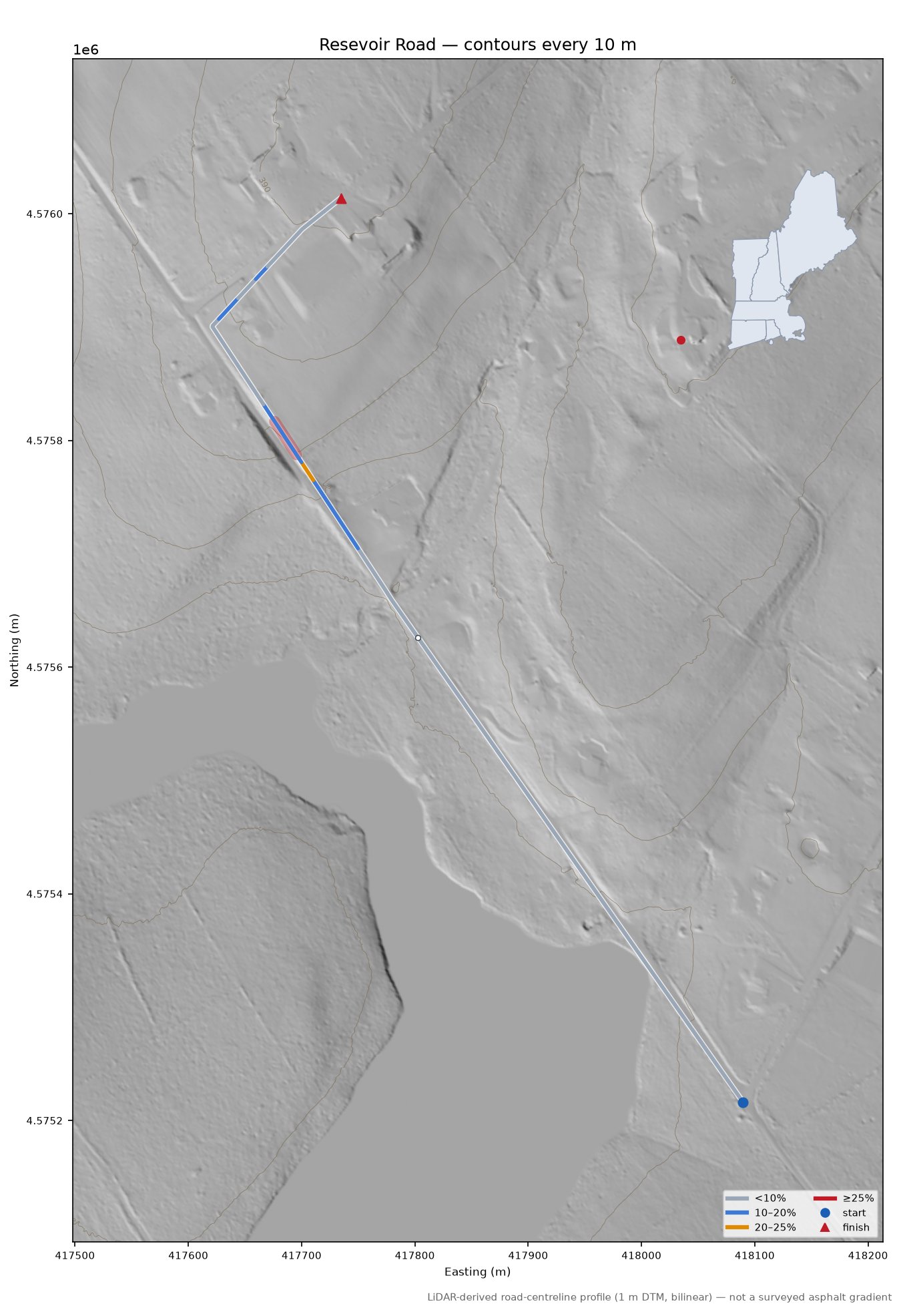 Resevoir Road LiDAR hillshade map with contours
