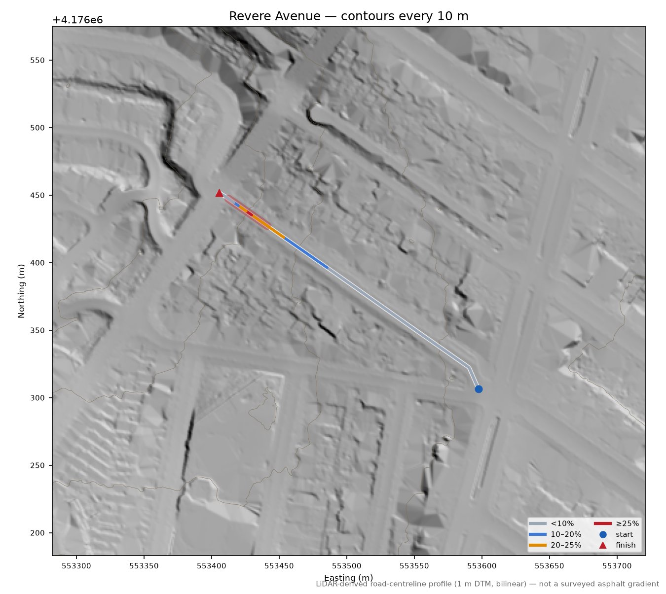 Revere Avenue LiDAR hillshade map with contours