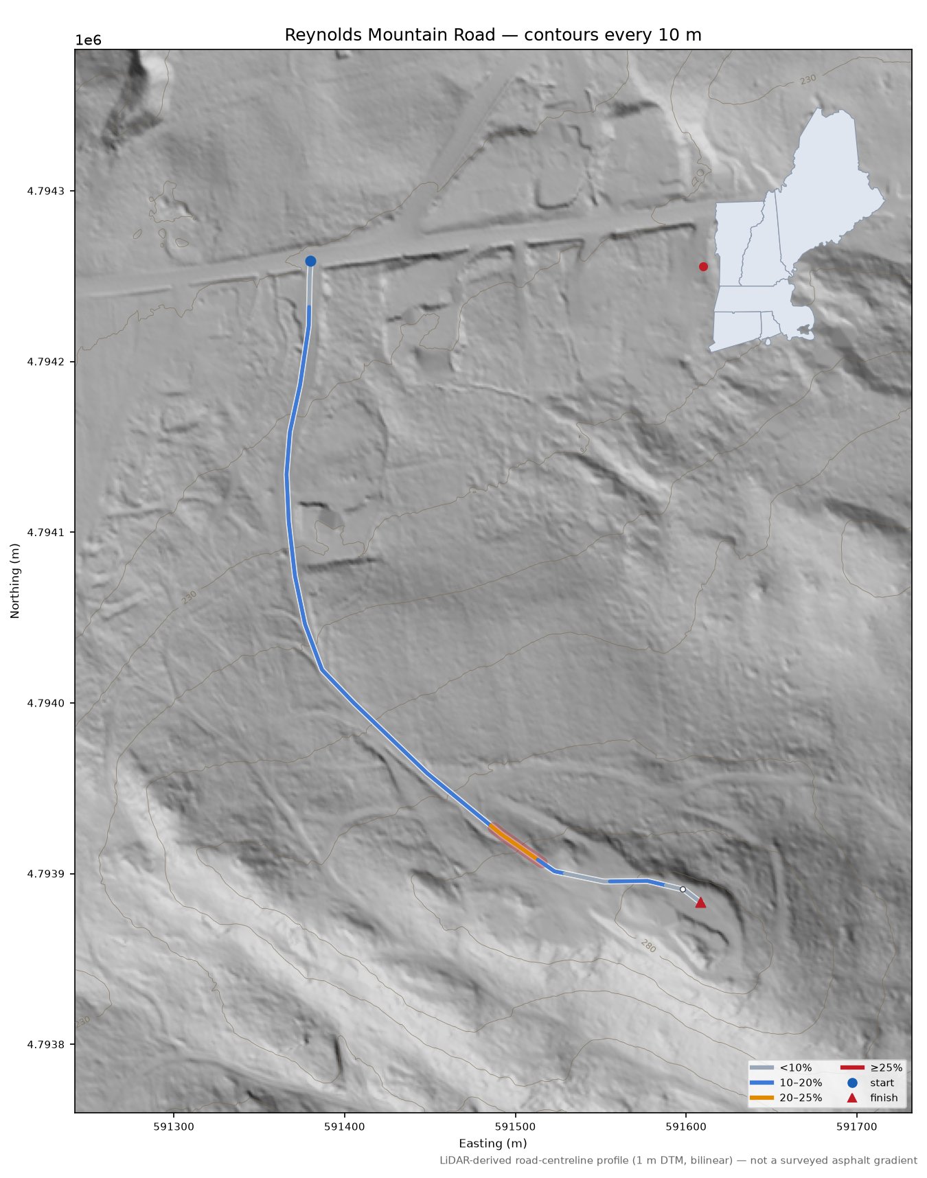 Reynolds Mountain Road LiDAR hillshade map with contours