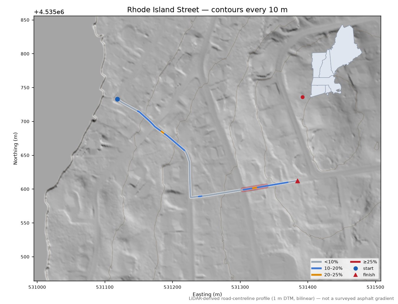 Rhode Island Street LiDAR hillshade map with contours