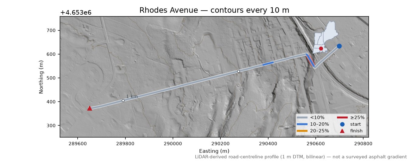 Rhodes Avenue LiDAR hillshade map with contours