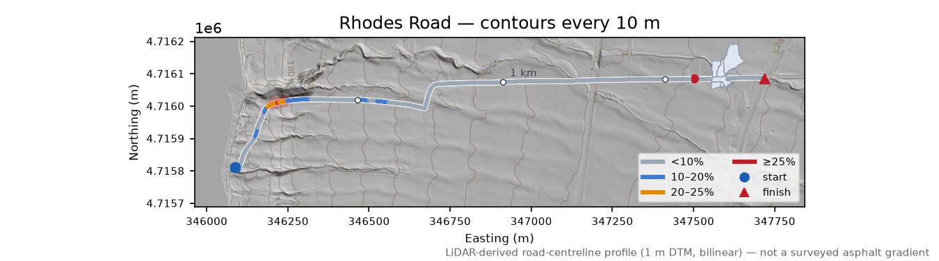 Rhodes Road LiDAR hillshade map with contours