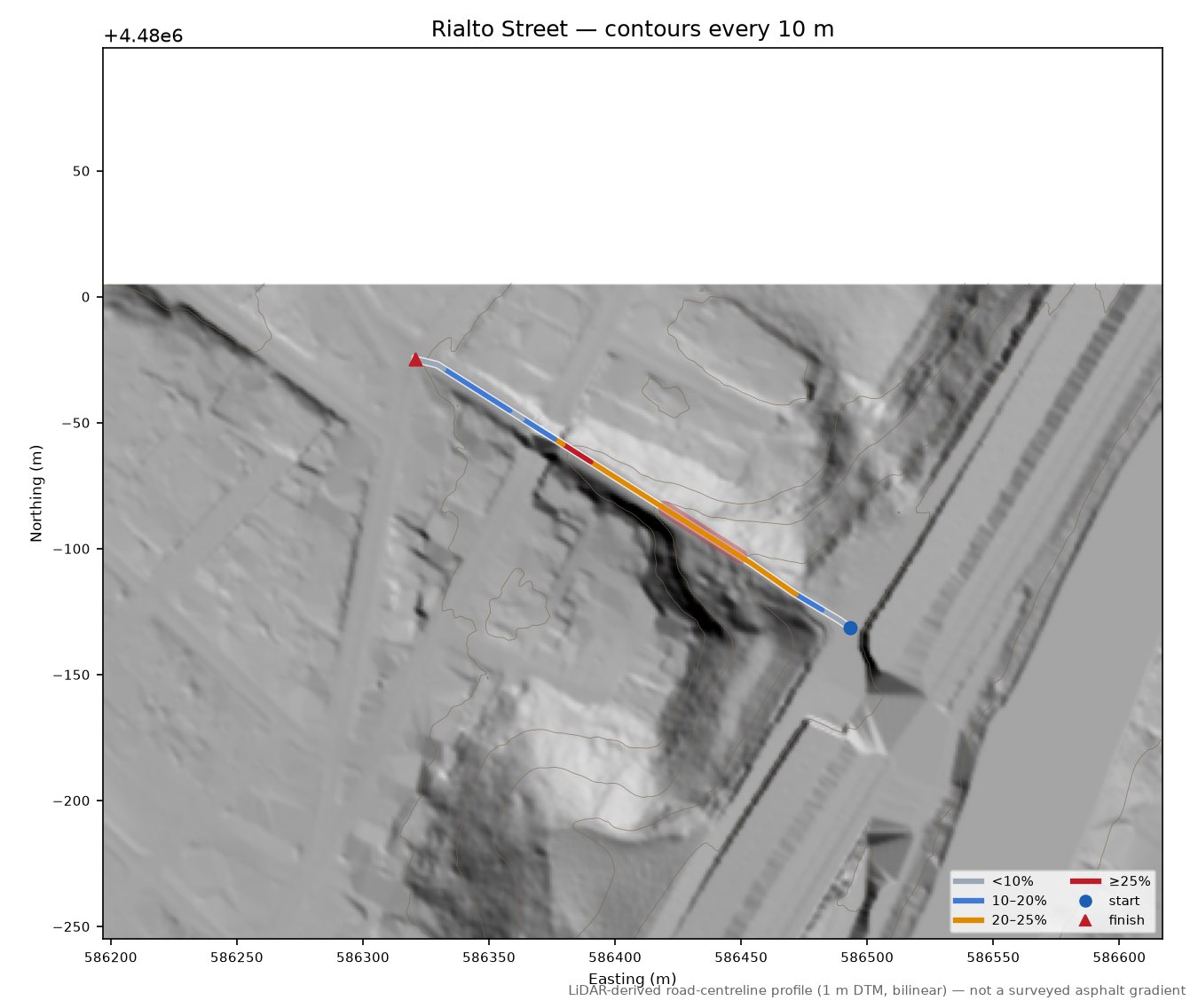 Rialto Street LiDAR hillshade map with contours