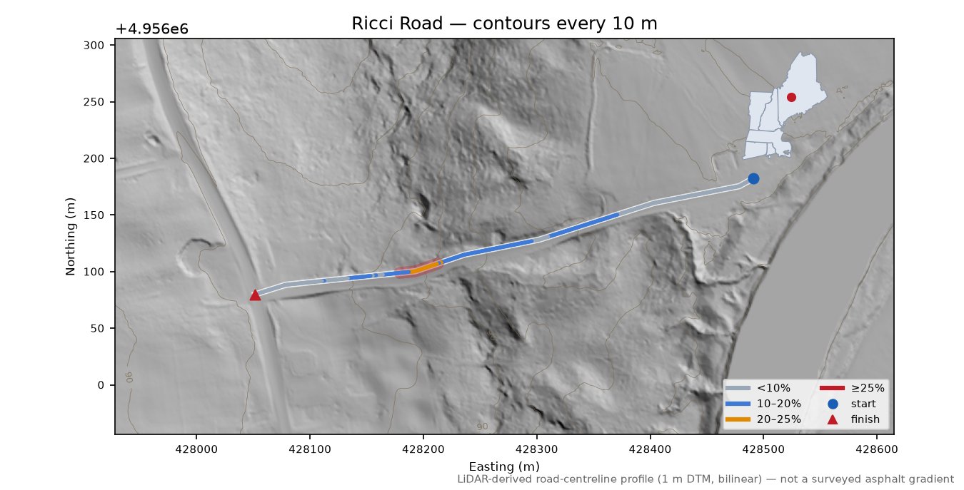 Ricci Road LiDAR hillshade map with contours