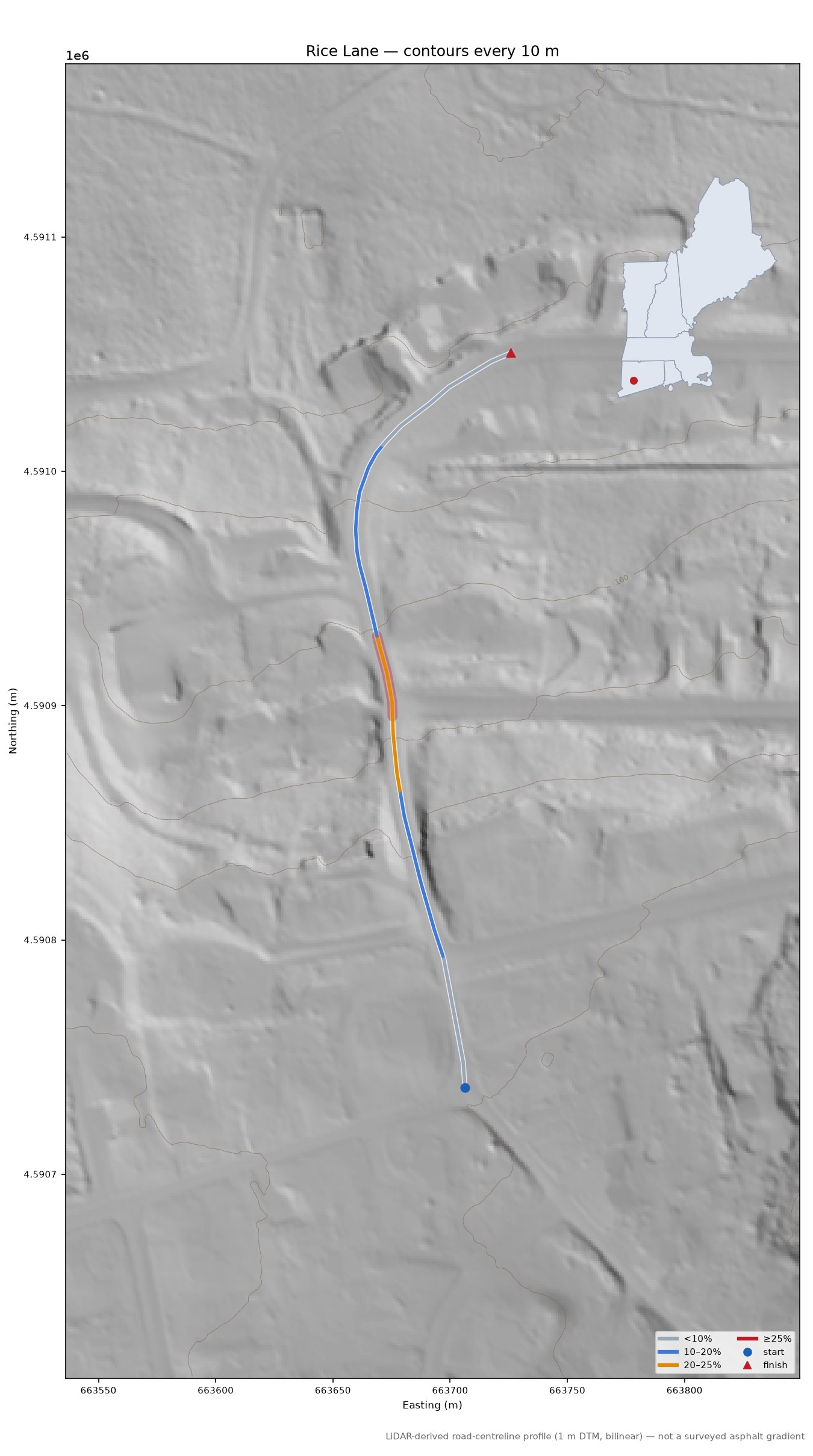 Rice Lane LiDAR hillshade map with contours