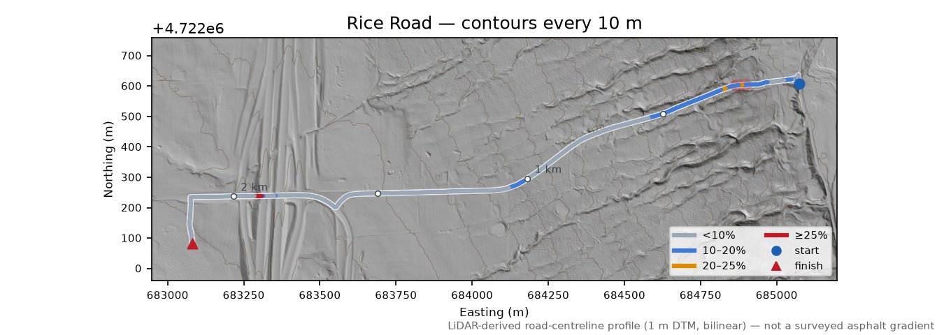 Rice Road LiDAR hillshade map with contours