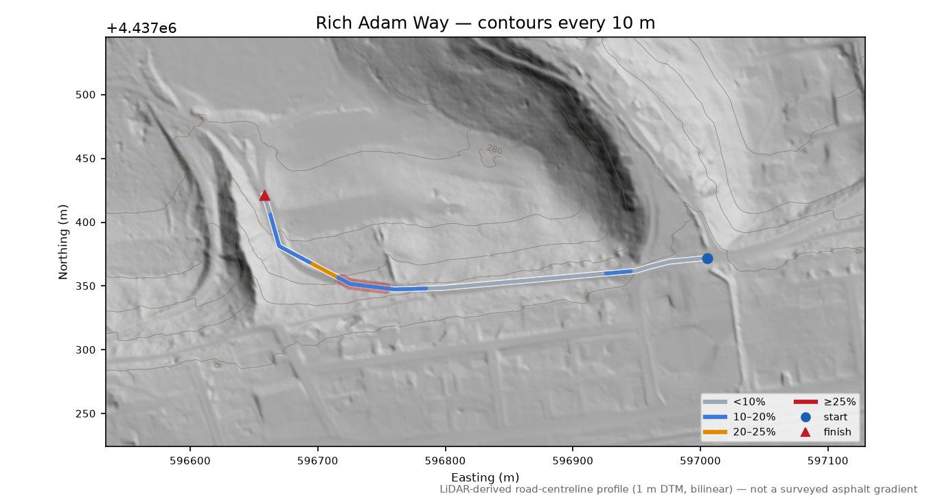 Rich Adam Way LiDAR hillshade map with contours