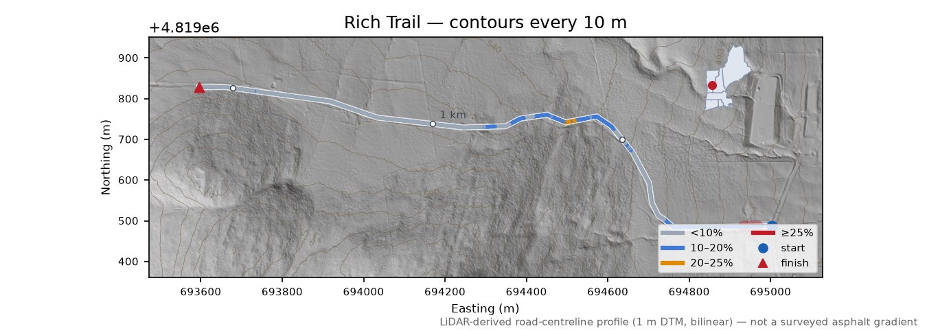 Rich Trail LiDAR hillshade map with contours