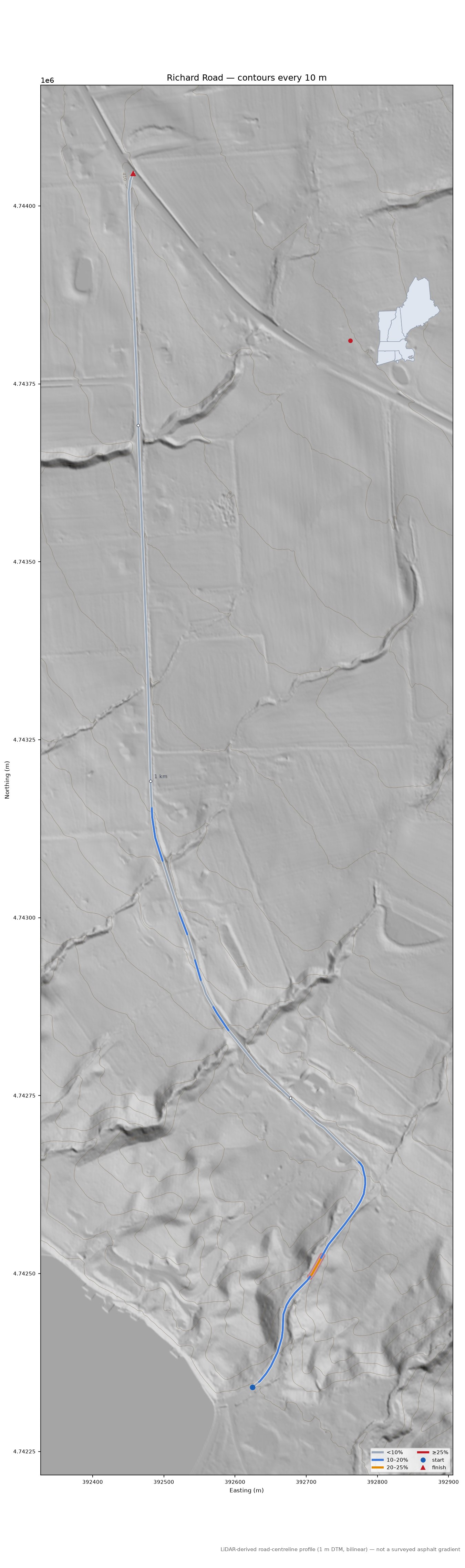 Richard Road LiDAR hillshade map with contours