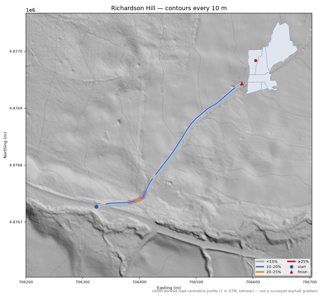 Richardson Hill LiDAR hillshade map with contours