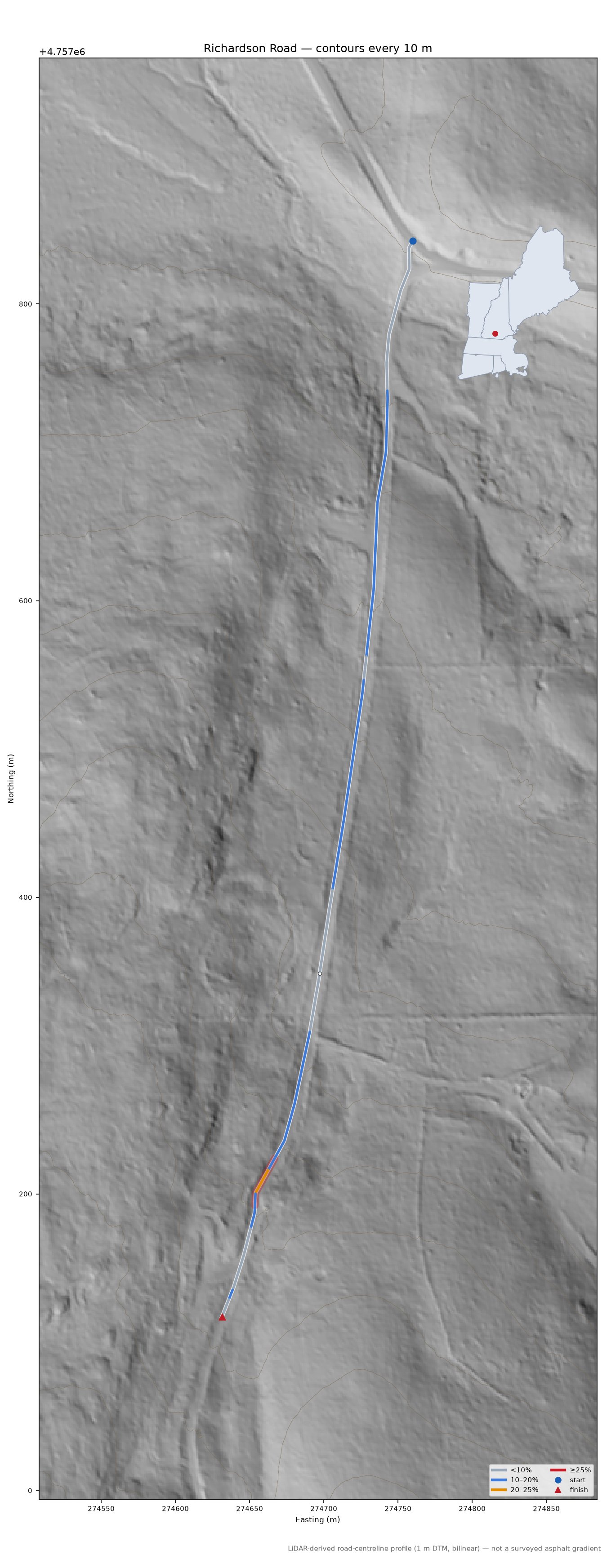 Richardson Road LiDAR hillshade map with contours