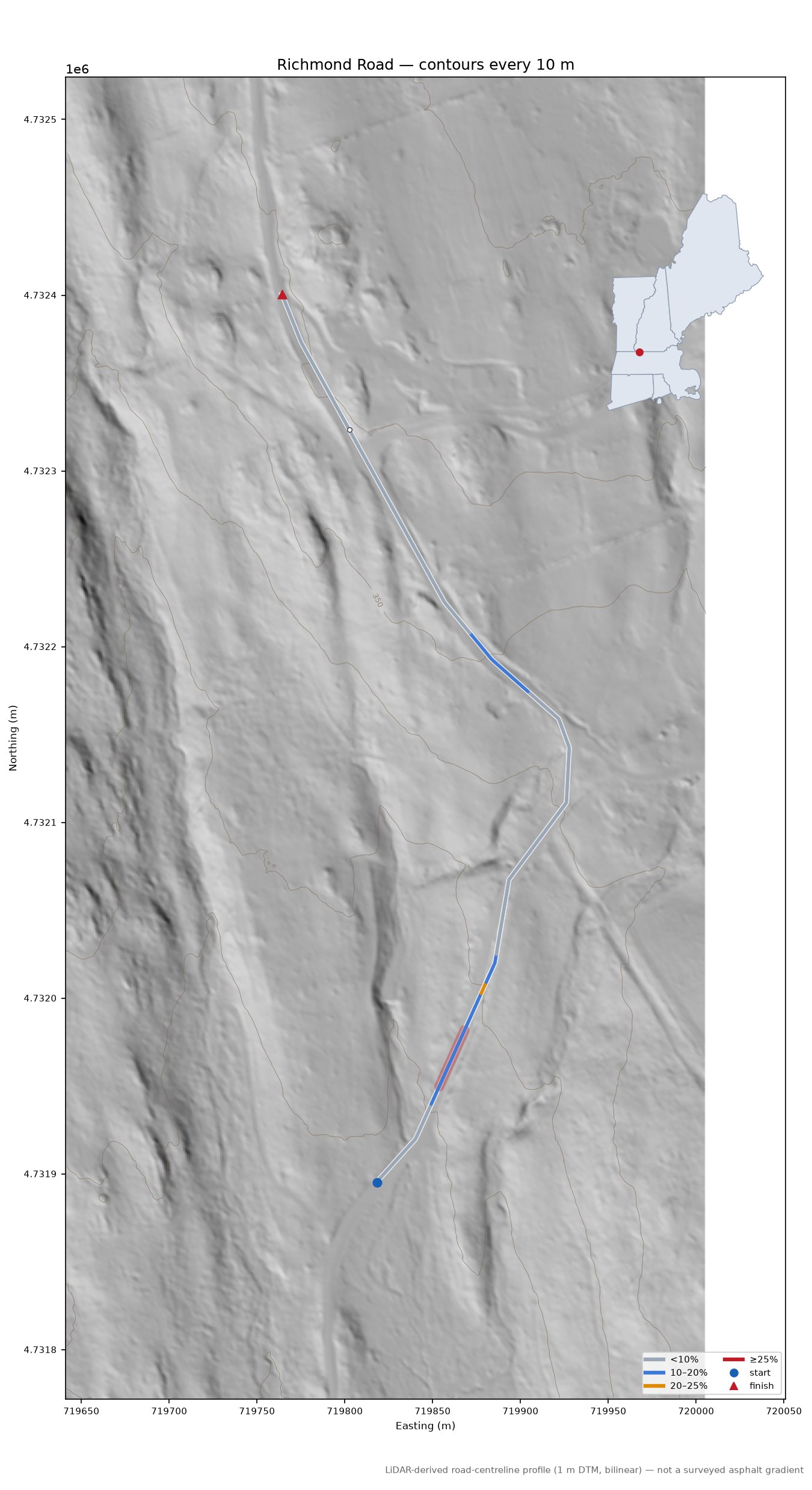 Richmond Road LiDAR hillshade map with contours