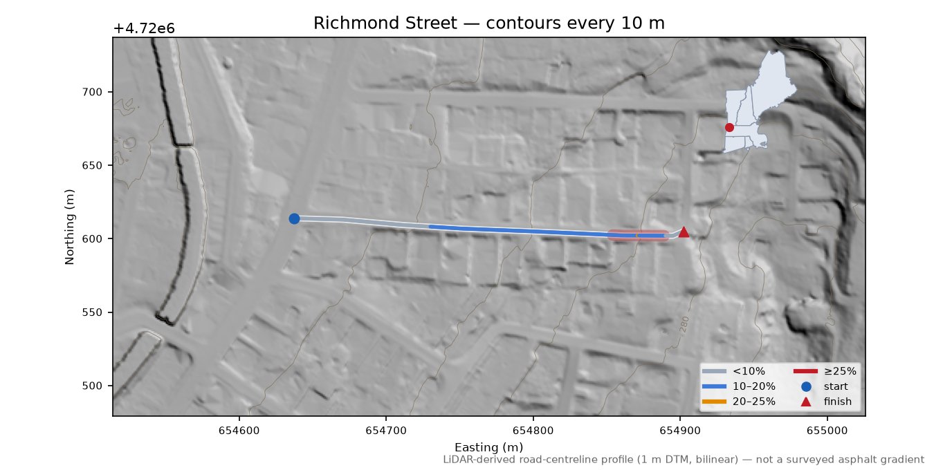 Richmond Street LiDAR hillshade map with contours