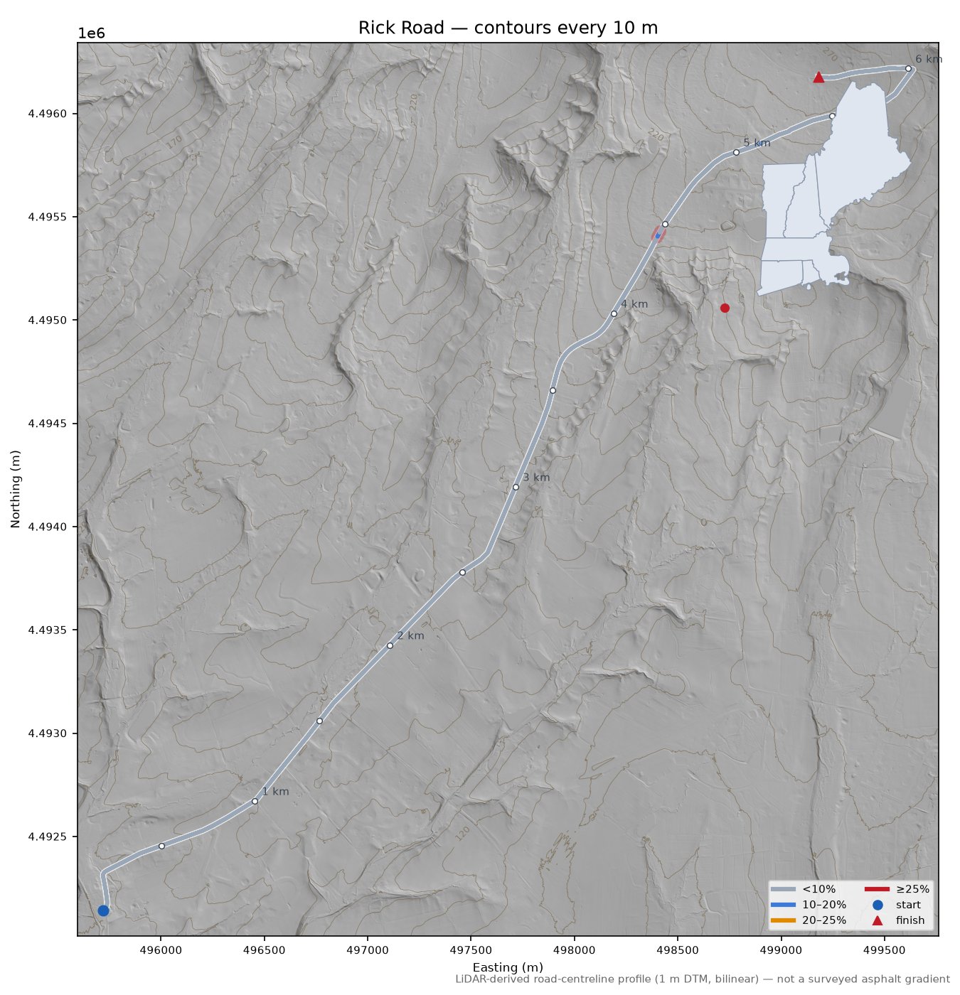 Rick Road LiDAR hillshade map with contours