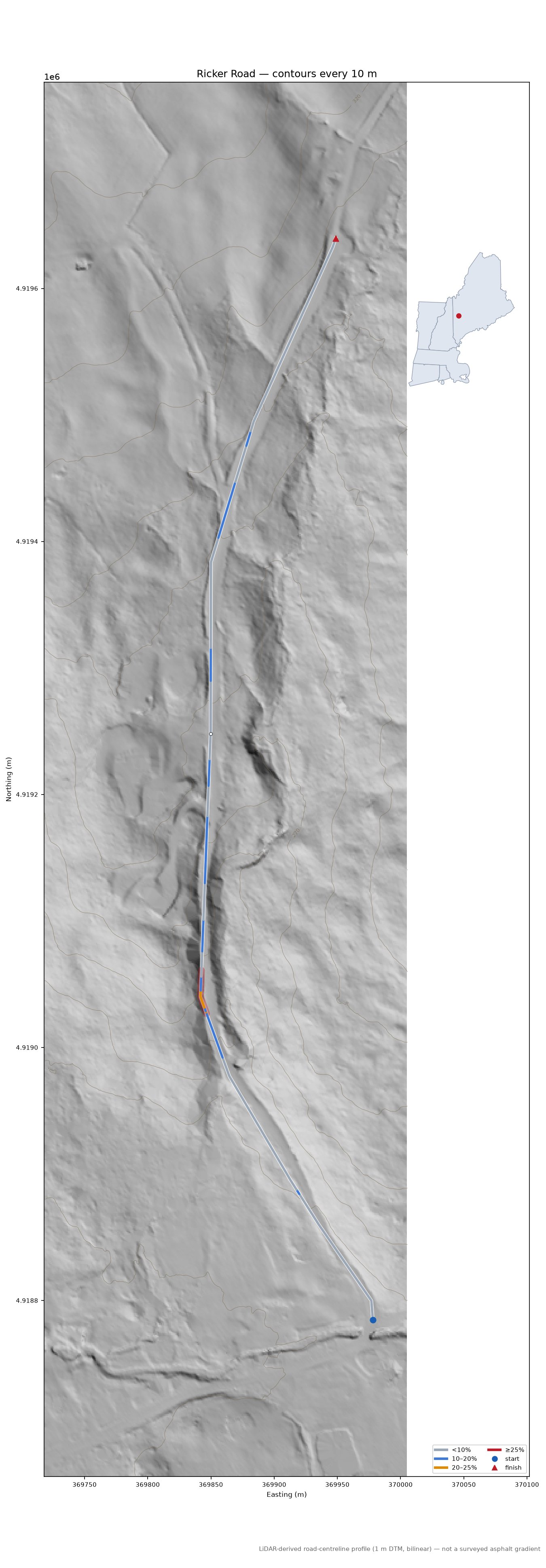 Ricker Road LiDAR hillshade map with contours