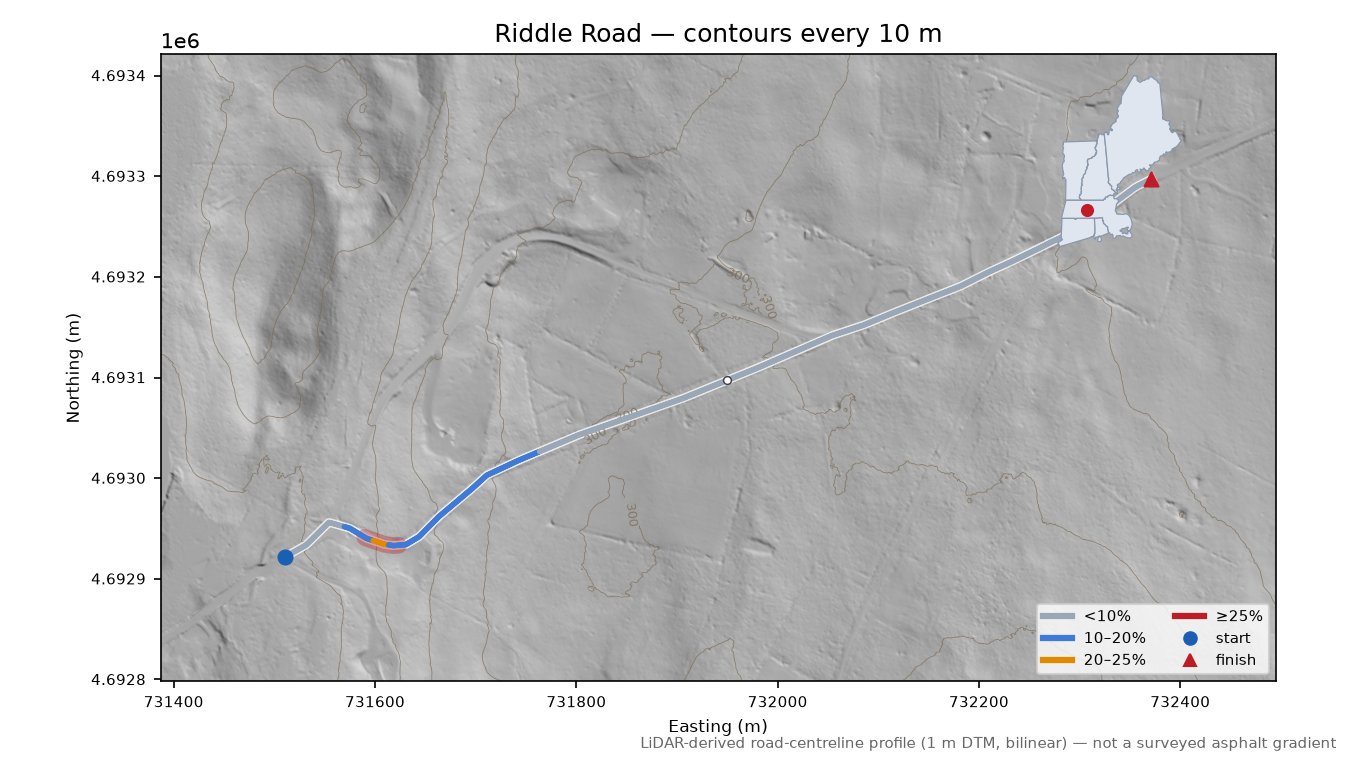 Riddle Road LiDAR hillshade map with contours