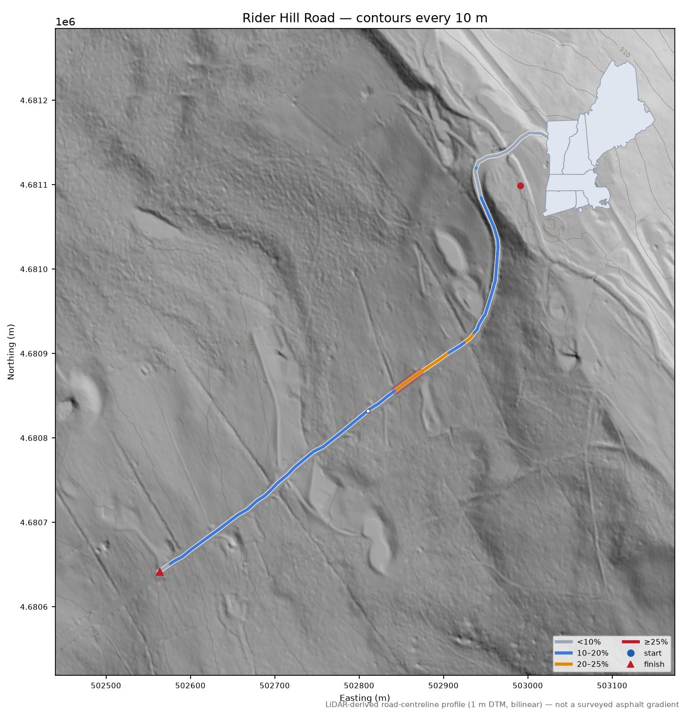 Rider Hill Road LiDAR hillshade map with contours