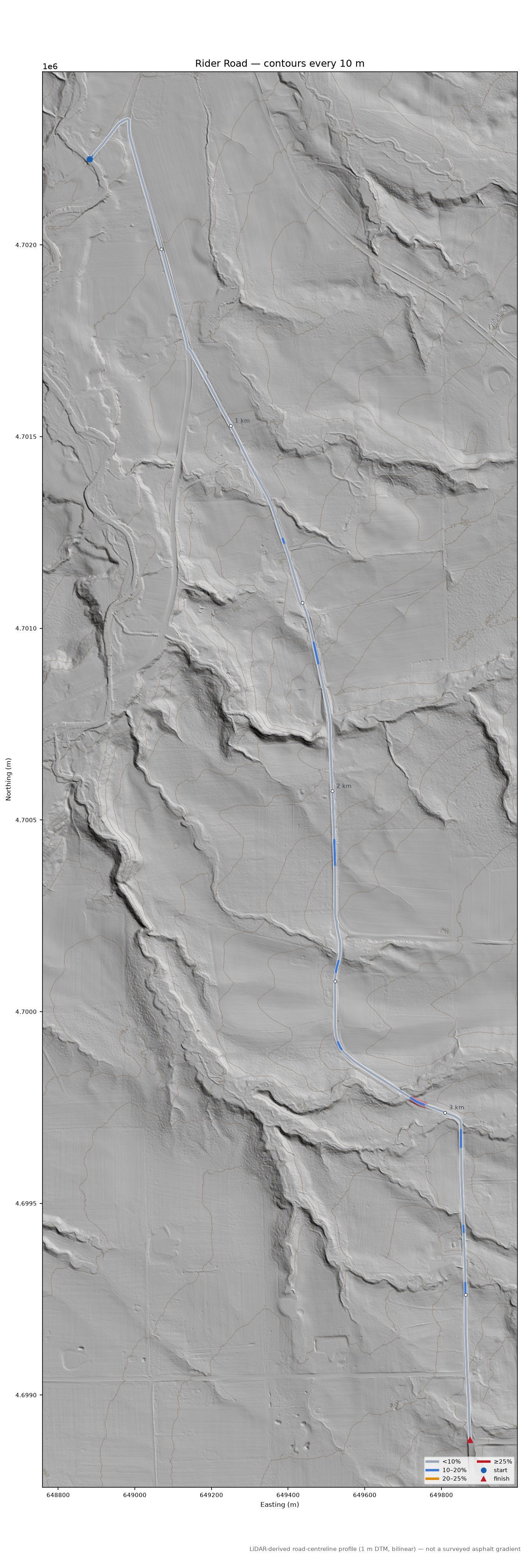 Rider Road LiDAR hillshade map with contours