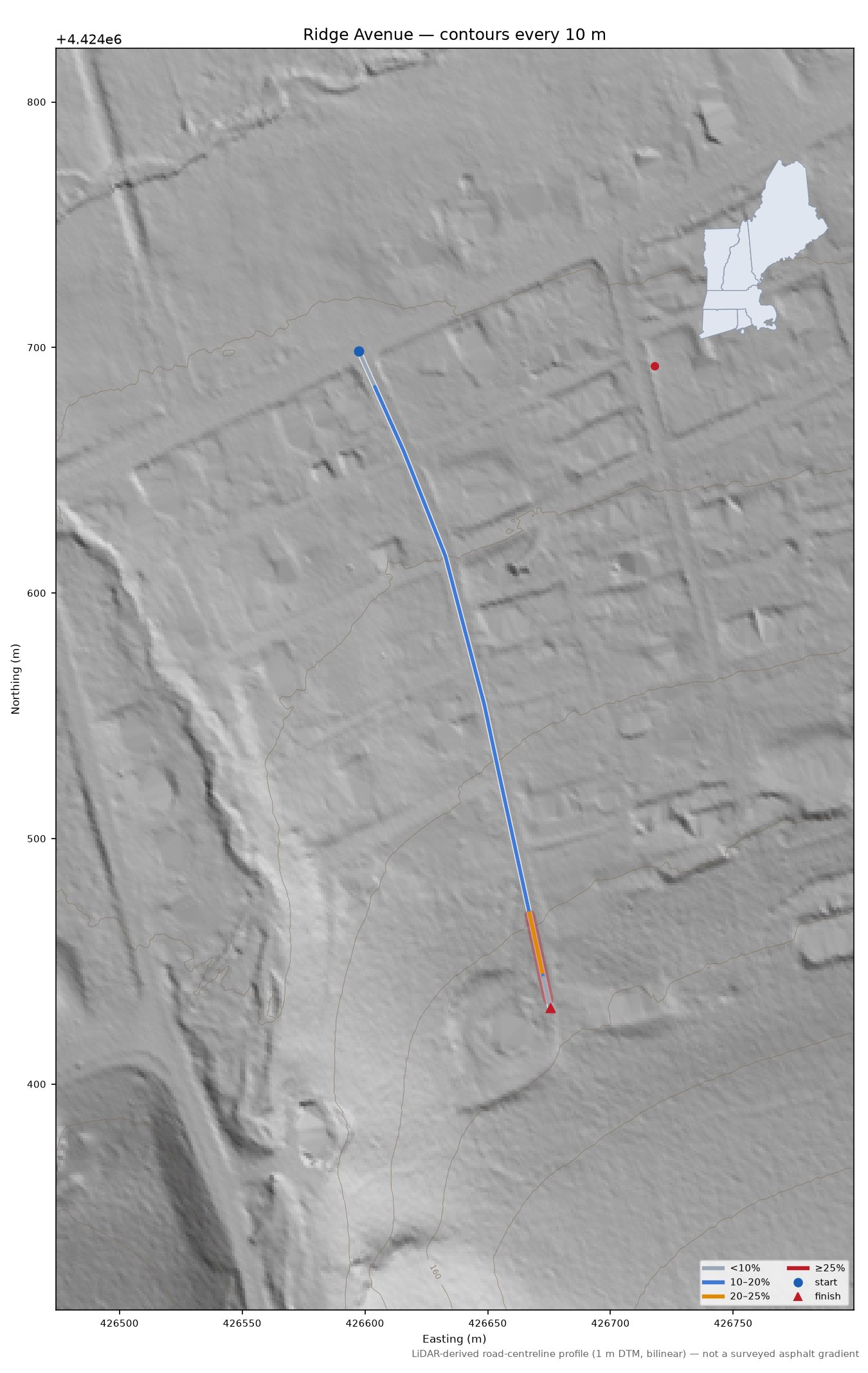 Ridge Avenue LiDAR hillshade map with contours