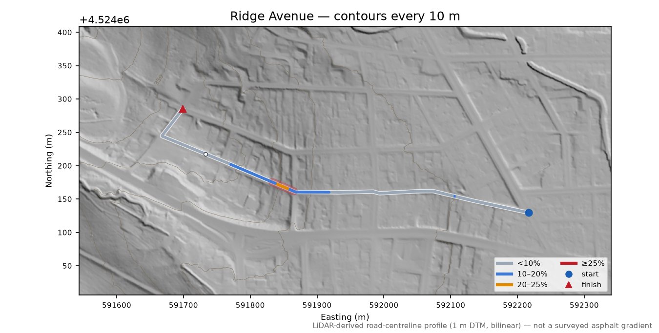 Ridge Avenue LiDAR hillshade map with contours