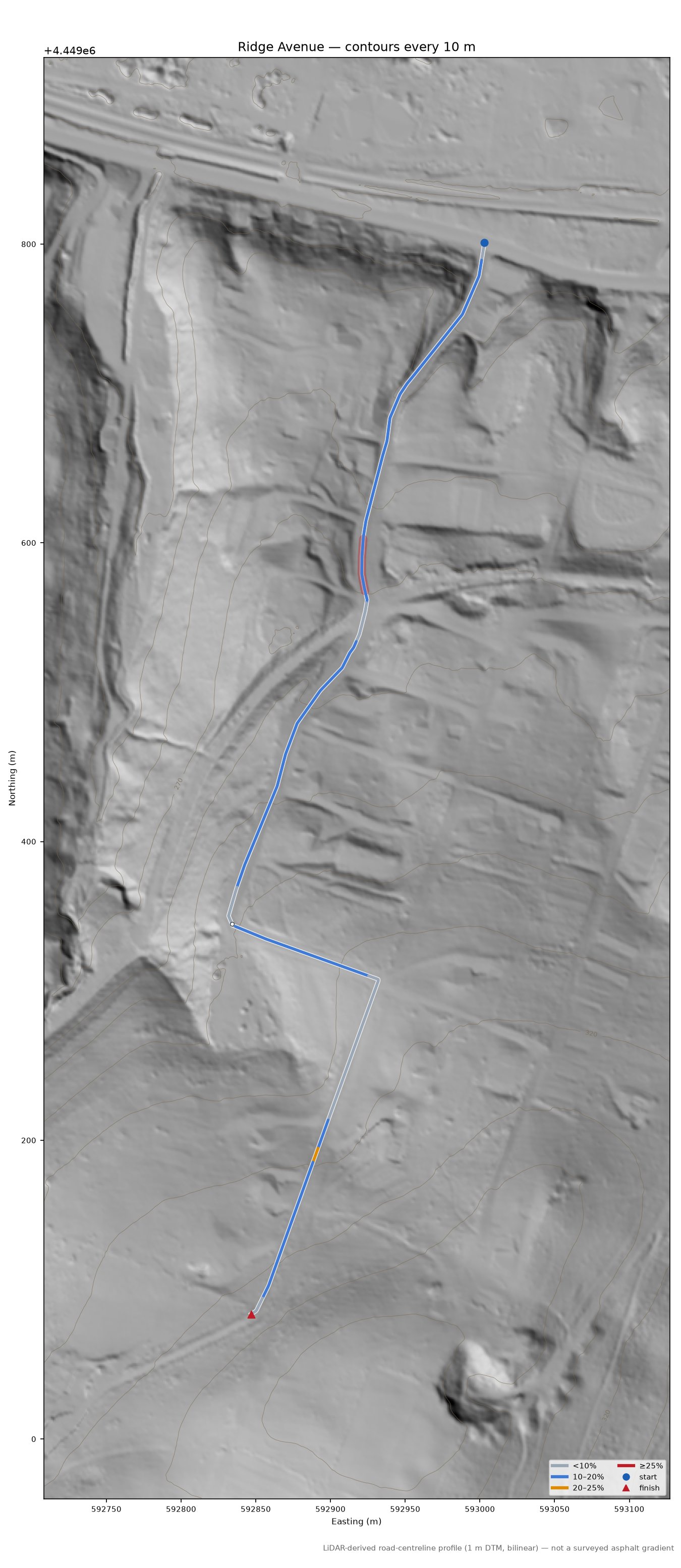 Ridge Avenue LiDAR hillshade map with contours