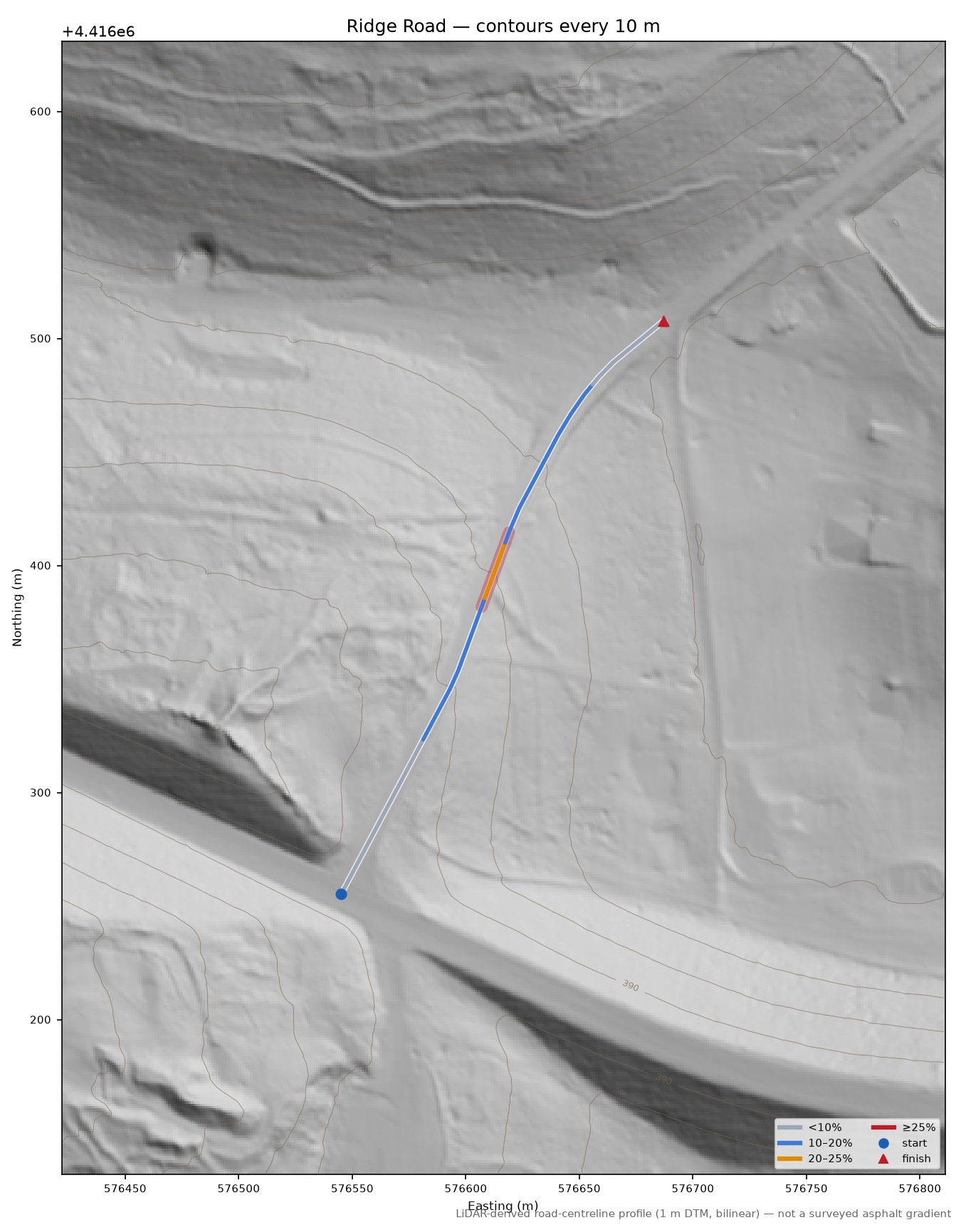 Ridge Road LiDAR hillshade map with contours