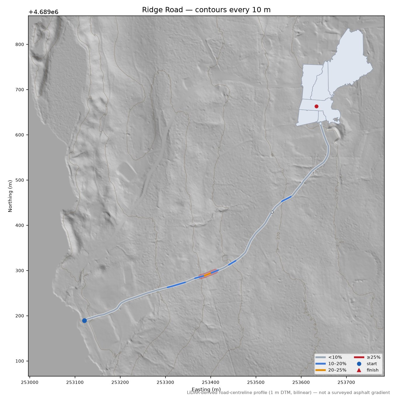 Ridge Road LiDAR hillshade map with contours