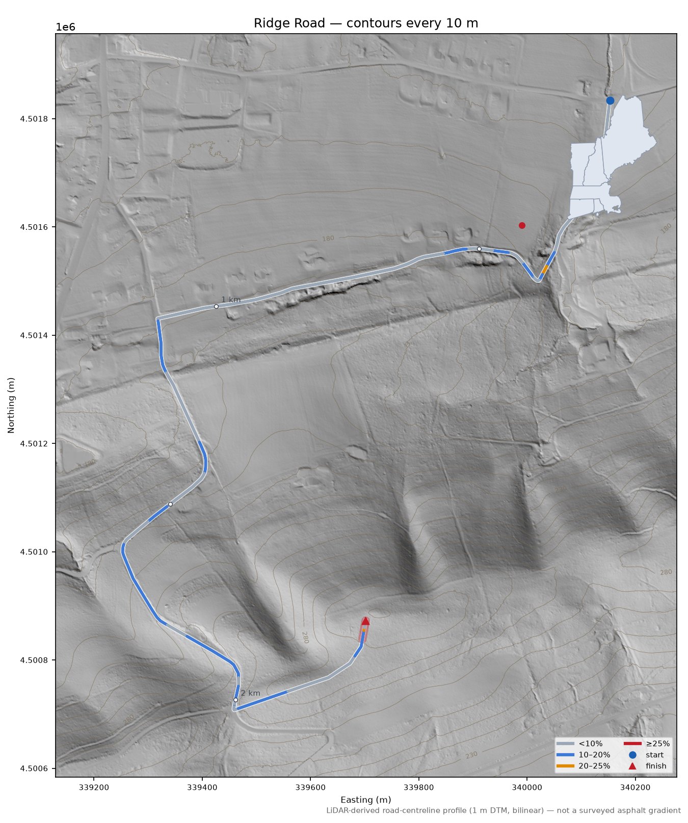 Ridge Road LiDAR hillshade map with contours