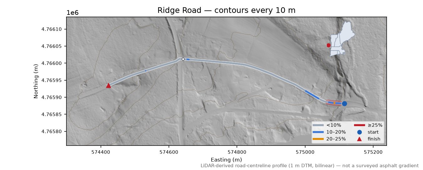 Ridge Road LiDAR hillshade map with contours