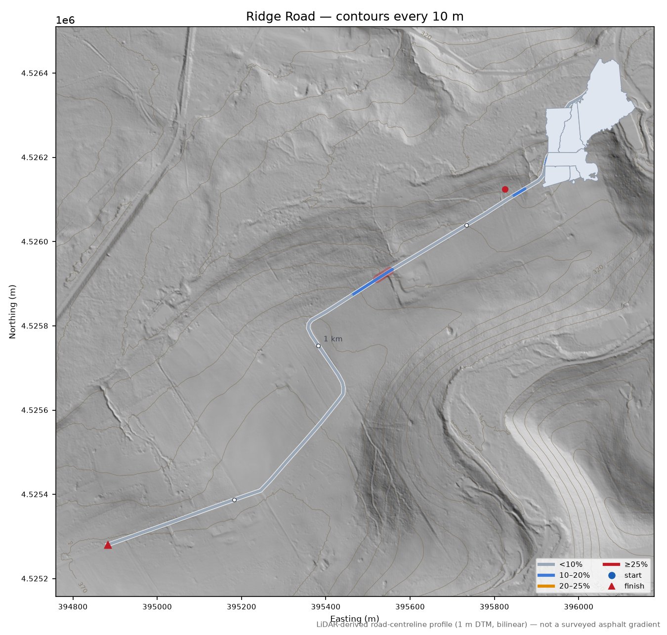 Ridge Road LiDAR hillshade map with contours