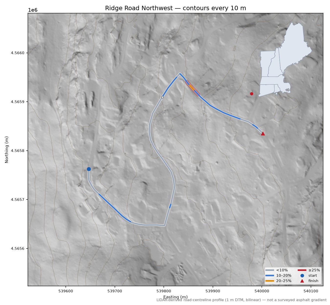 Ridge Road Northwest LiDAR hillshade map with contours