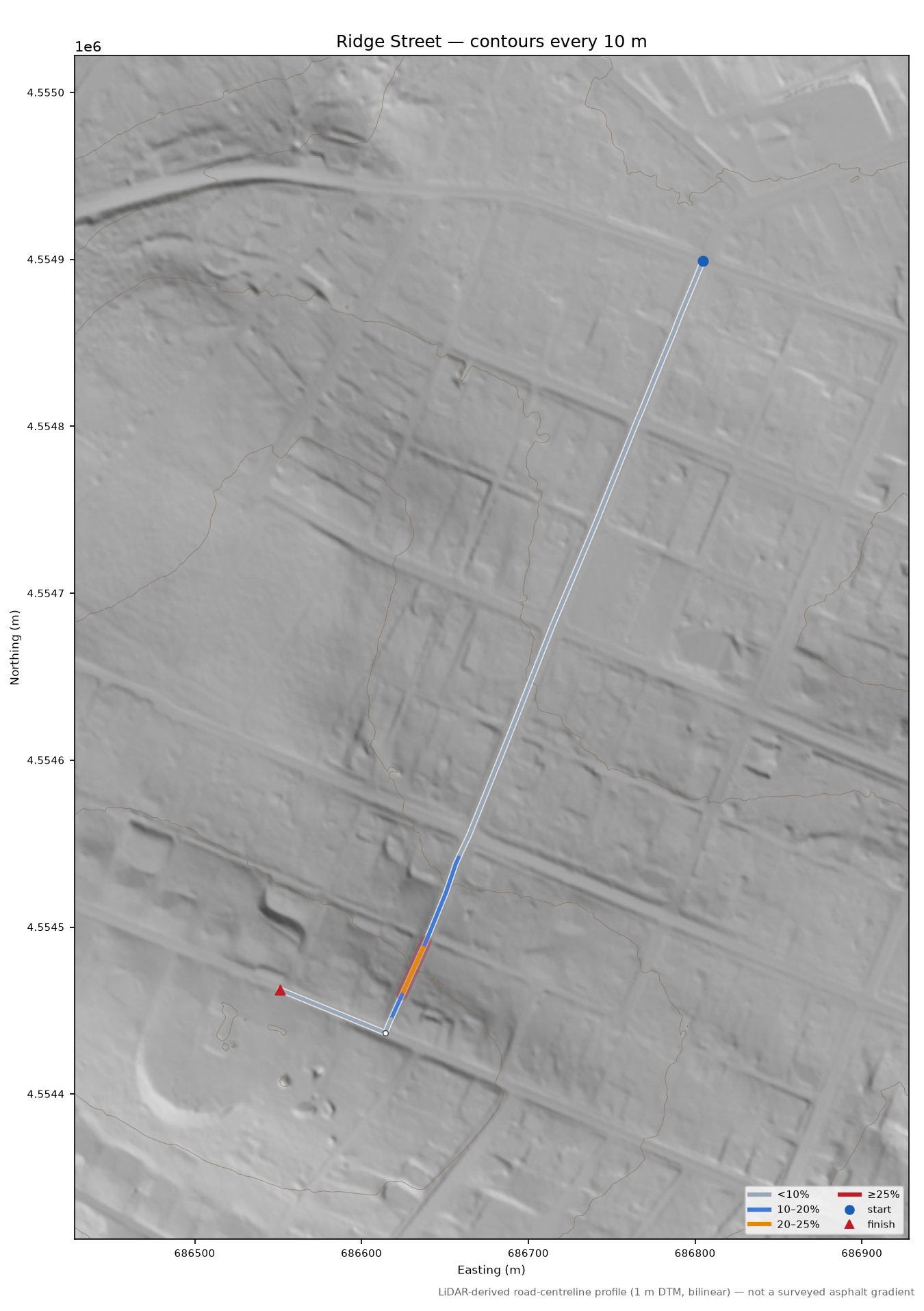 Ridge Street LiDAR hillshade map with contours
