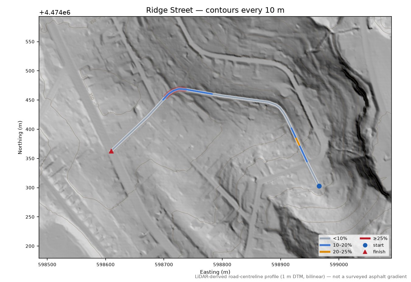 Ridge Street LiDAR hillshade map with contours