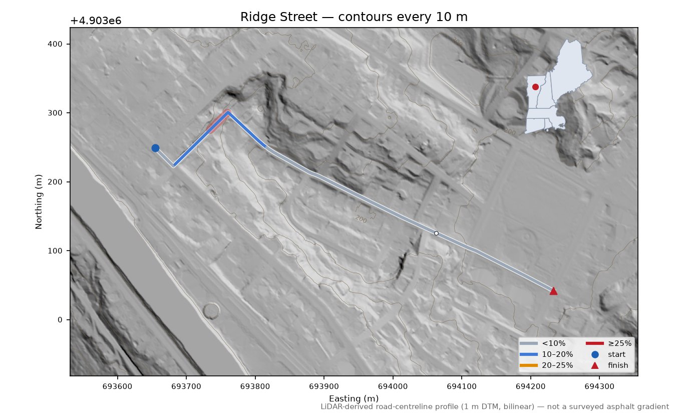 Ridge Street LiDAR hillshade map with contours