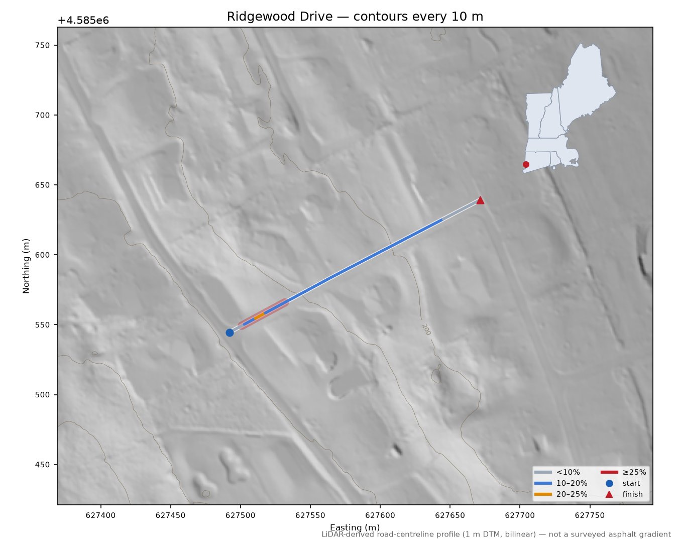 Ridgewood Drive LiDAR hillshade map with contours