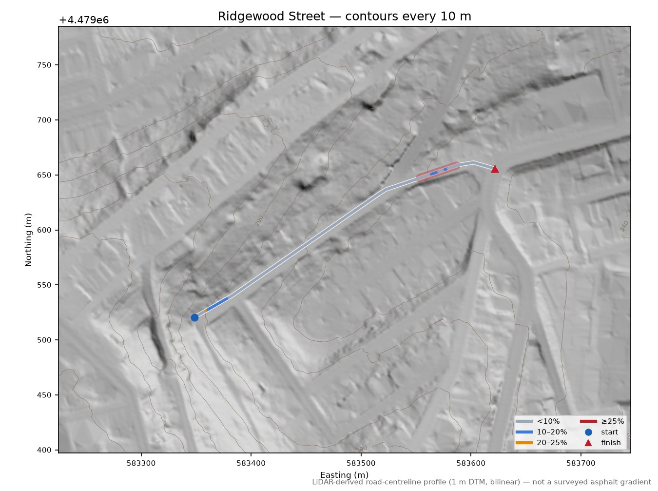 Ridgewood Street LiDAR hillshade map with contours