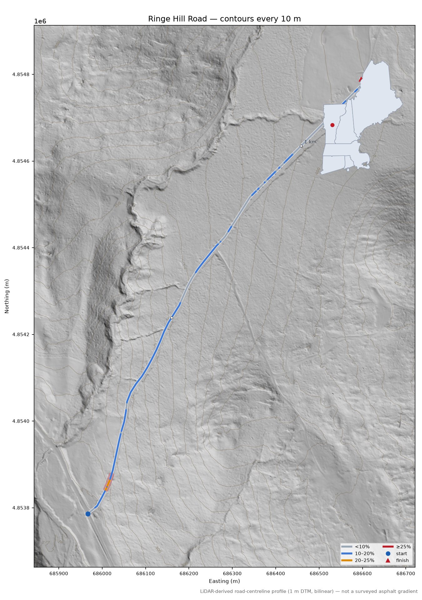 Ringe Hill Road LiDAR hillshade map with contours