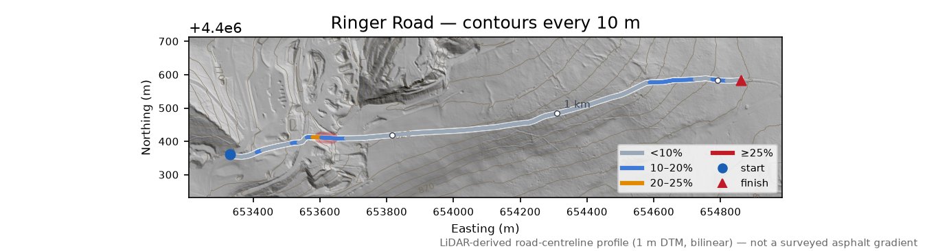 Ringer Road LiDAR hillshade map with contours