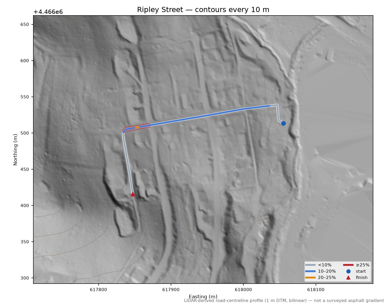 Ripley Street LiDAR hillshade map with contours