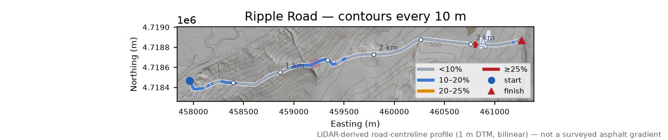 Ripple Road LiDAR hillshade map with contours