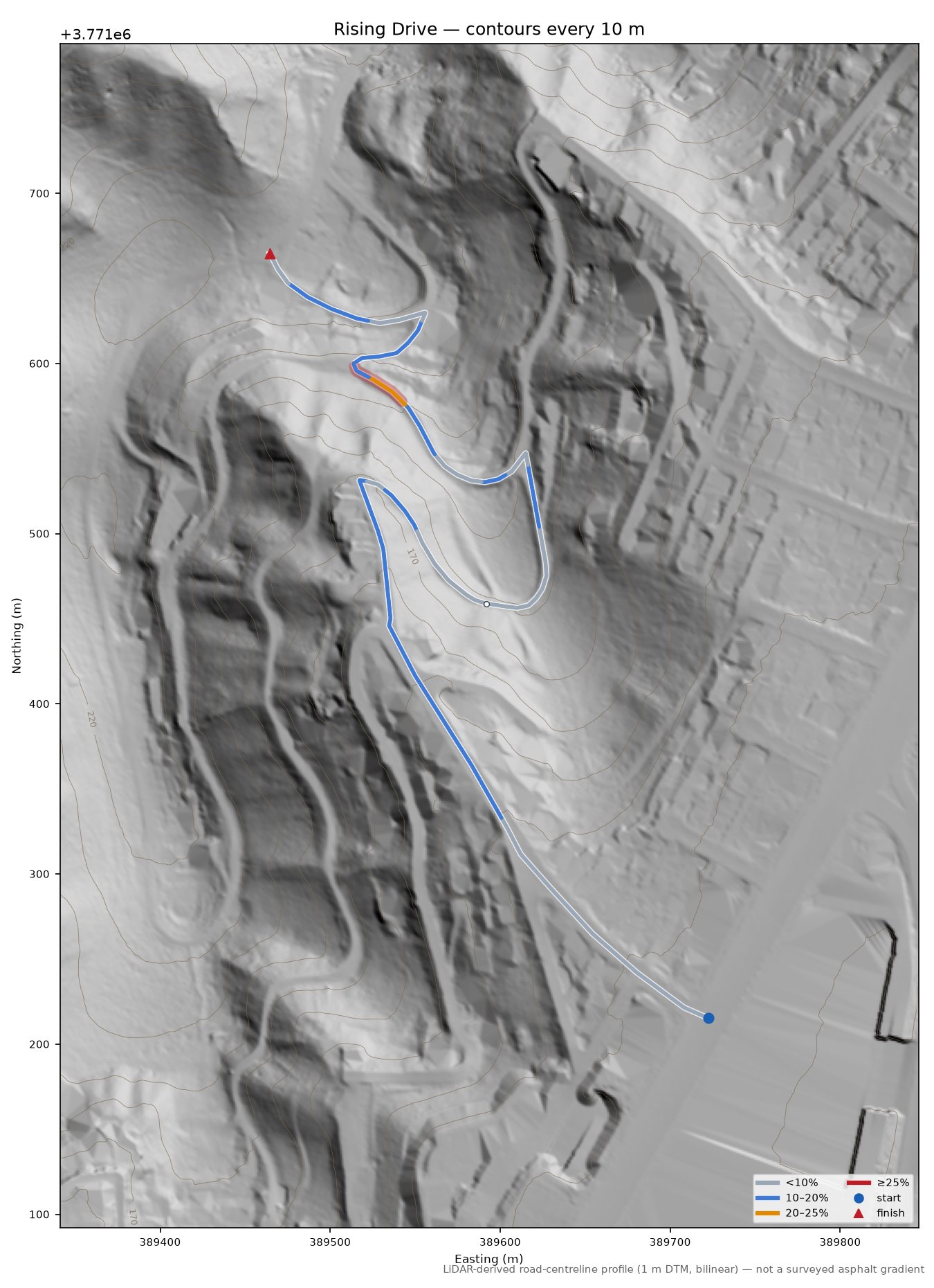 Rising Drive LiDAR hillshade map with contours