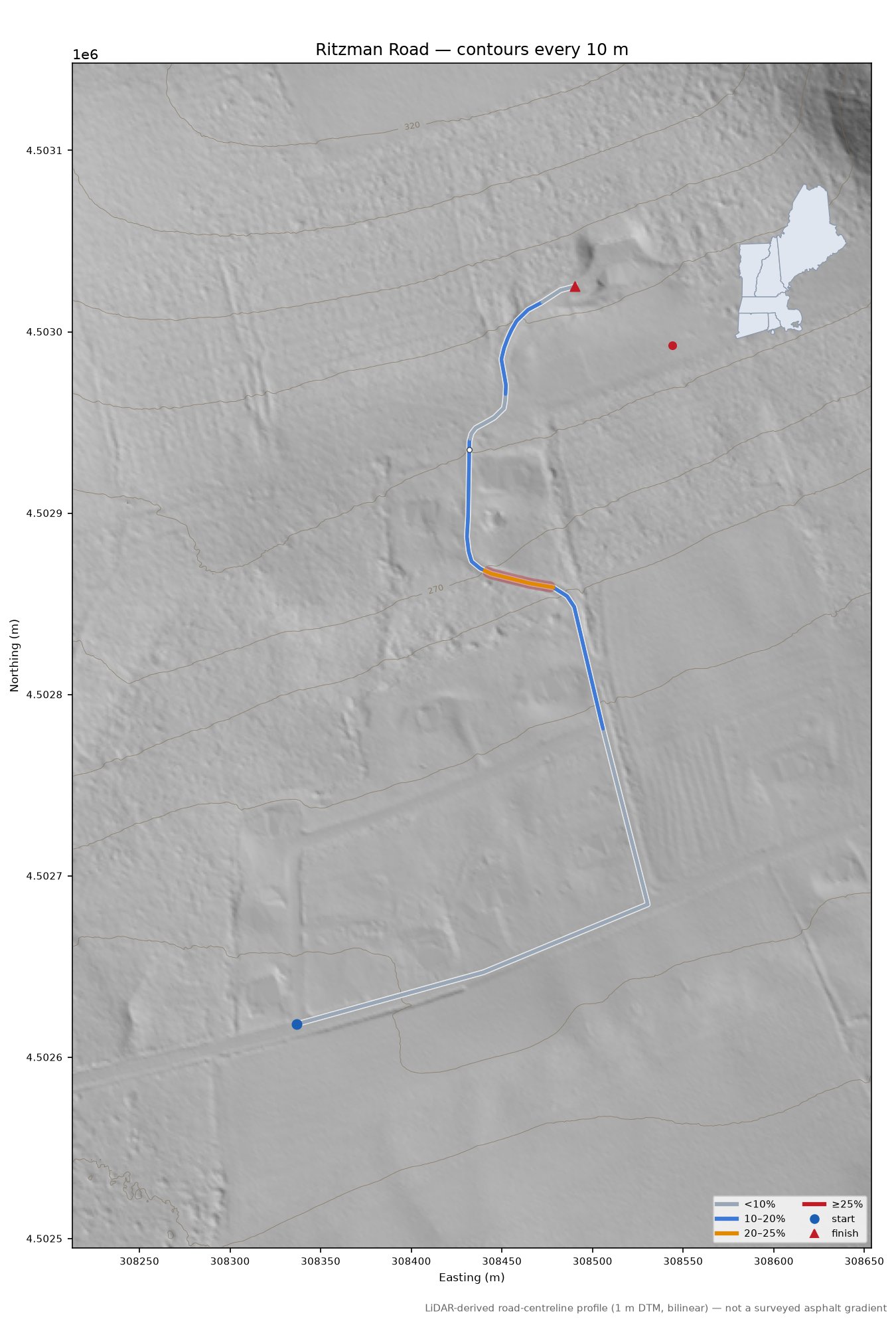 Ritzman Road LiDAR hillshade map with contours