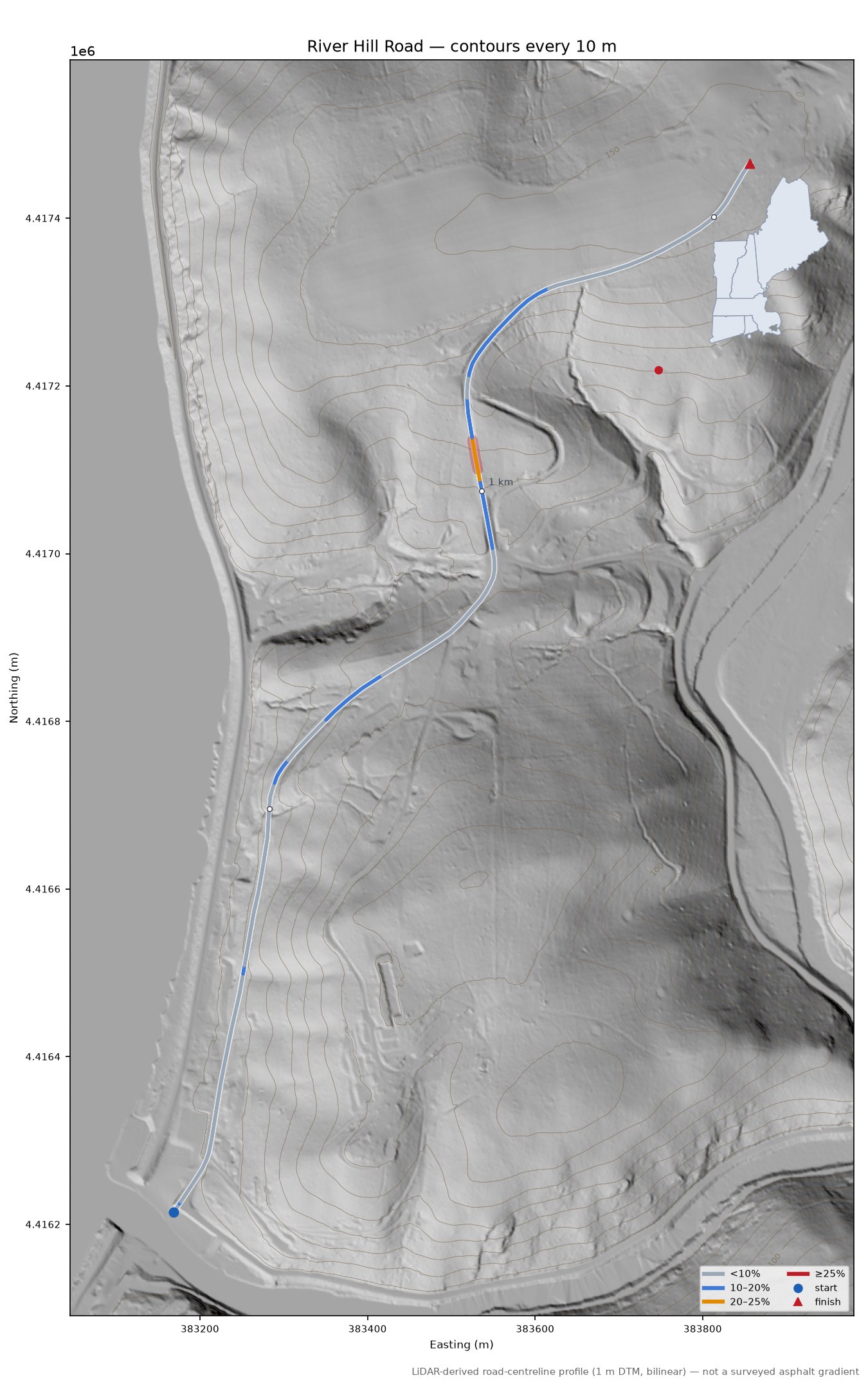 River Hill Road LiDAR hillshade map with contours