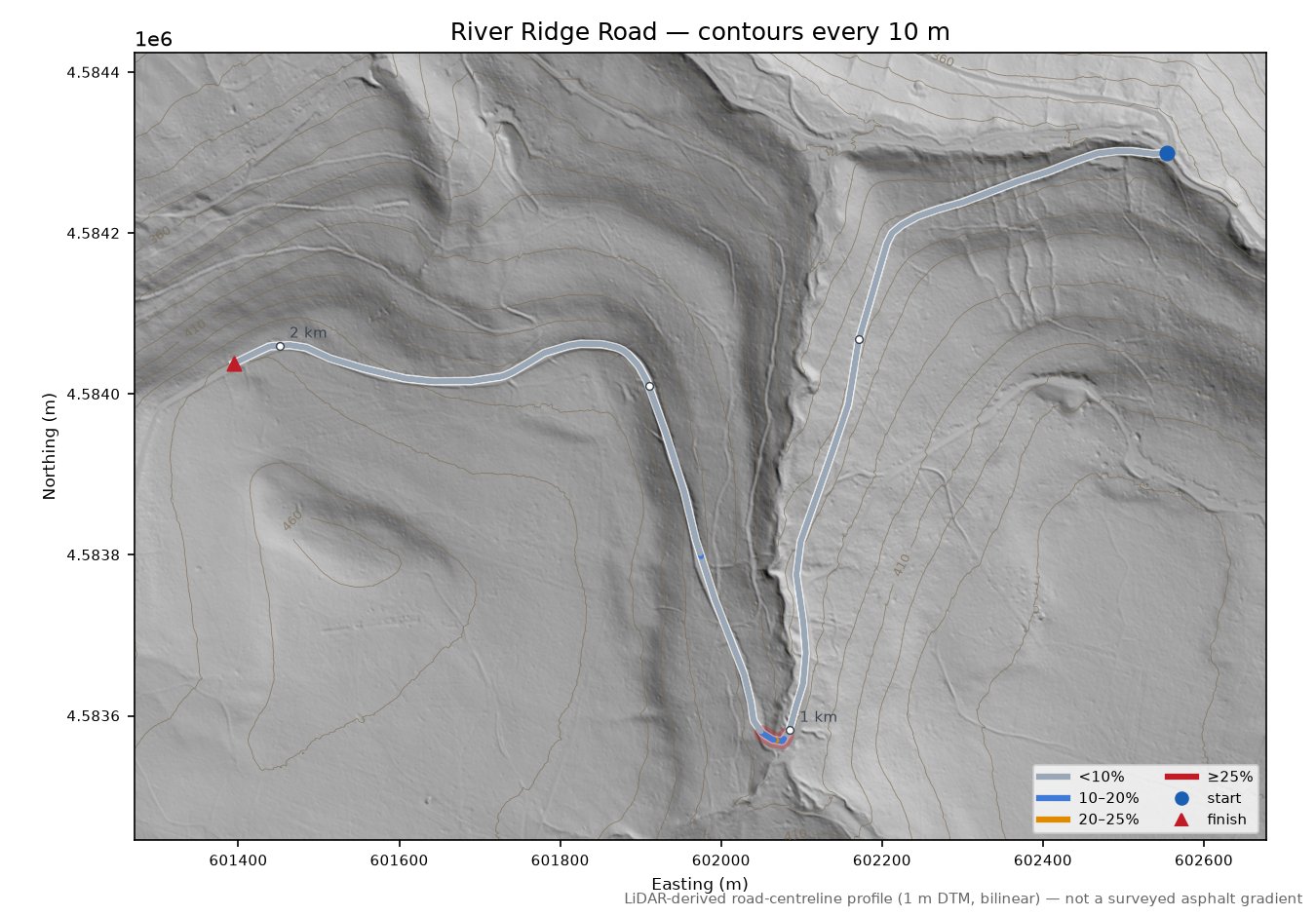 River Ridge Road LiDAR hillshade map with contours