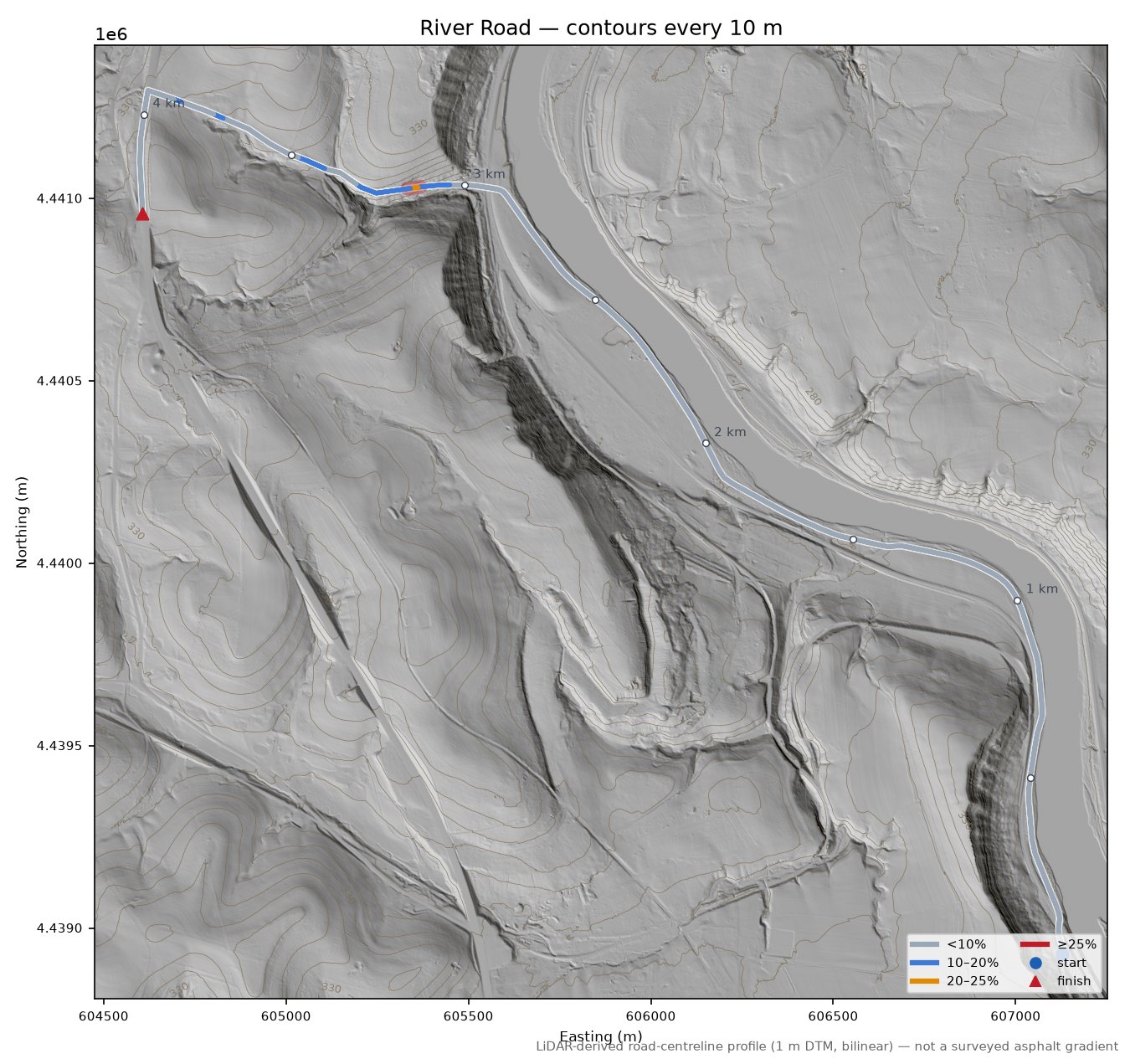 River Road LiDAR hillshade map with contours