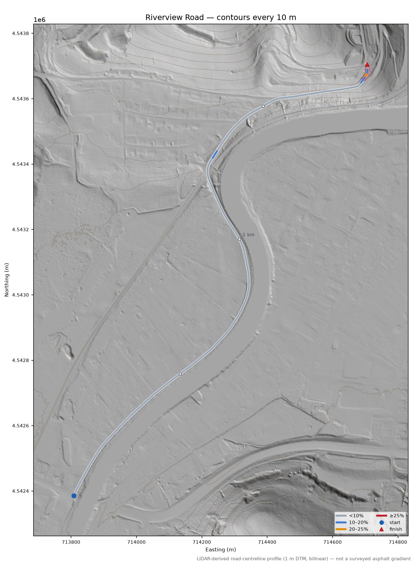 Riverview Road LiDAR hillshade map with contours
